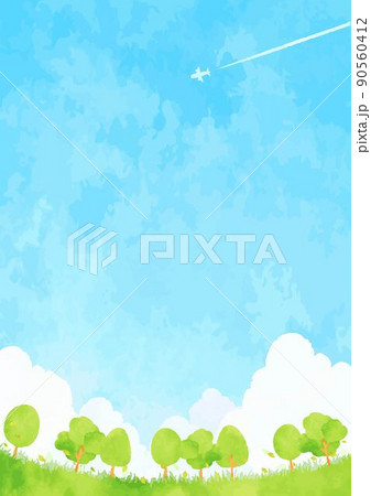 シンプルで綺麗な青空と森林の風景イラストのイラスト素材