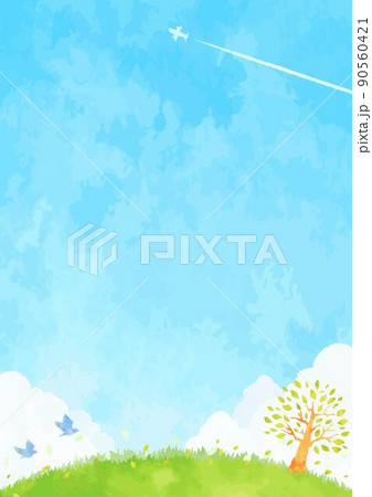 綺麗な手描きの樹木と青空の風景イラストのイラスト素材