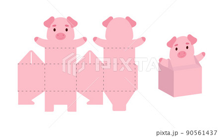 Simple packaging favor box pig design for sweets, candies, small presents. Party package template for any purposes, birthday, baby shower. Print, cut out, fold, glue. Vector stock illustration. 90561437