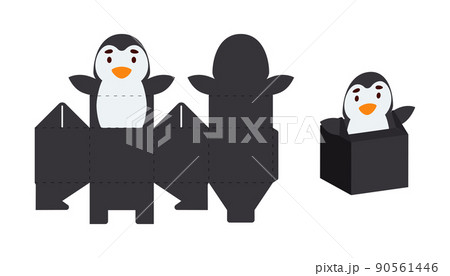 Simple packaging favor box penguin design for sweets, candies, small presents. Party package template for any purposes, birthday, baby shower. Print, cut out, fold, glue. Vector stock illustration. 90561446