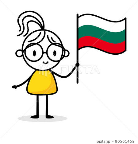 Woman holding flag of Bulgaria isolated on white background. Hand drawn doodle line art man. Concept of country. Vector stock illustration 90561458