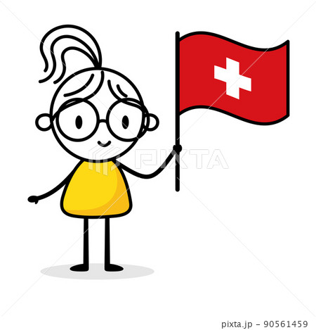 Woman holding flag of Switzerland isolated on white background. Hand drawn doodle line art man. Concept of country. Vector stock illustration 90561459