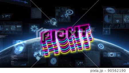 Image of fight text and data processing with globe on black background 90562190