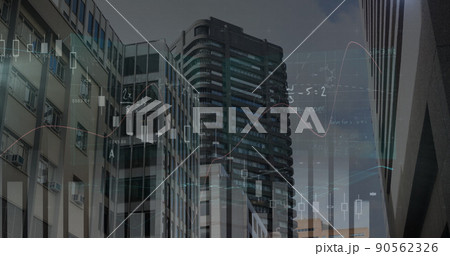 Image of statistics processing and mathematical equations over cityscape Image of statistics processing and mathematical equations over cityscape 90562326