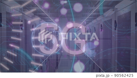 Image of data processing and scope scanning with 5g text over server room Image of data processing and scope scanning with 5g text over server room 90562425