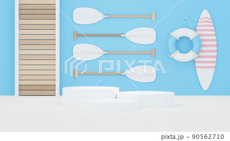 3d render Summer sale podium stand for showing product. Beach Vacations Scene in Summer for mock up. 90562710