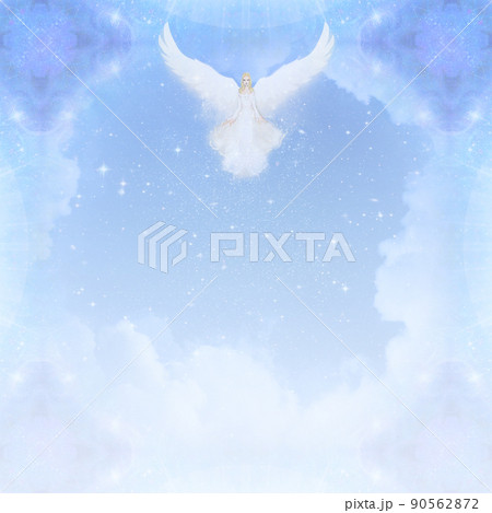幻想的なソフトで青い背景イメージと白い羽根の天使 90562872