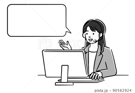 パソコンに向かって案内するオペレーターの女性のモノクロイラスト 90562924