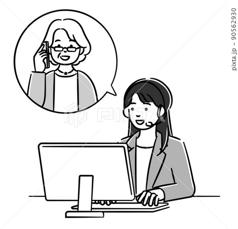 シニア女性と電話で話すオペレーターの女性のモノクロイラスト シニア女性と電話で話すオペレーターの女性のモノクロイラスト 90562930