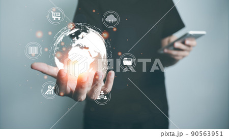Concept global data connection with internet technology, users are using smartphone for online transactions by internet technology, big data, database management, cloud computing, cashless society. 90563951