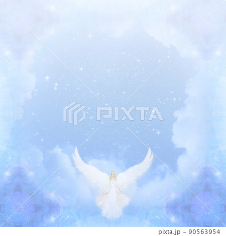 幻想的な空間に天使が浮かぶ、淡く青いグラデーションの背景イメージ 幻想的な空間に天使が浮かぶ、淡く青いグラデーションの背景イメージ 90563954