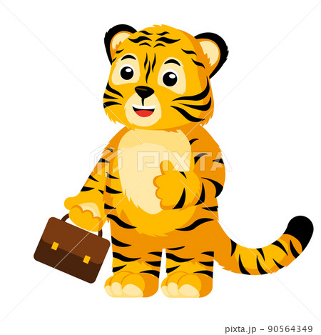 Cute Tiger office worker with case isolated. Happy character cartoon striped tiger employee. Cute Tiger office worker with case isolated. Happy character cartoon striped tiger employee. 90564349