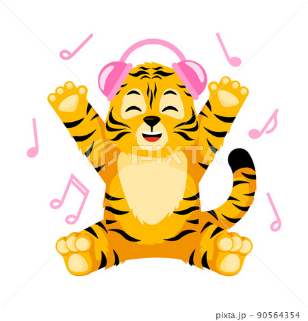 Little Tiger listening music with headphone isolated. Character cartoon striped tiger dancing. 90564354