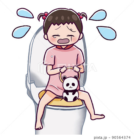 トイレトレーニングをして泣いている女の子のイラスト素材