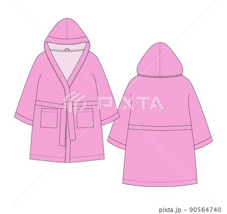 Bathrobe technical sketch. Hooded bathrobe with pocket and belt. Pink color. 90564740