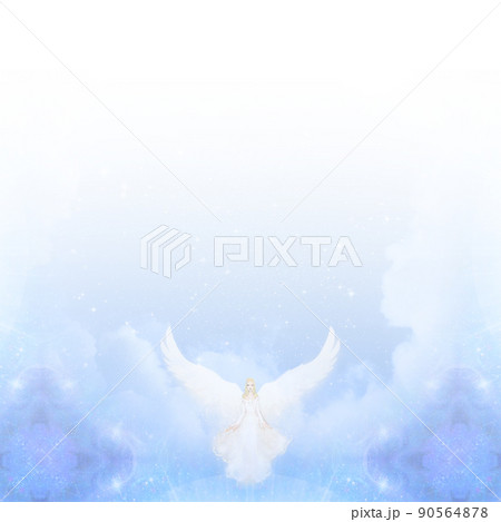 淡いブルーグラデーションの背景に羽根を広げた天使がいるファンタジーなデザイン 90564878