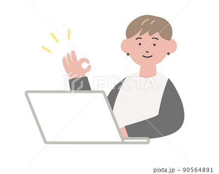 OKサインをするパソコン作業中の女性のイラスト OKサインをするパソコン作業中の女性のイラスト 90564891