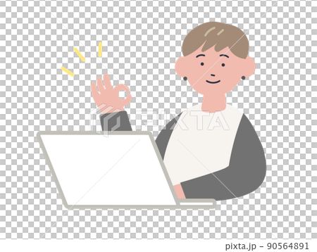OKサインをするパソコン作業中の女性のイラスト OKサインをするパソコン作業中の女性のイラスト 90564891