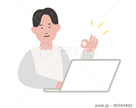 OKサインをするパソコン作業中の男性のイラスト OKサインをするパソコン作業中の男性のイラスト 90564892