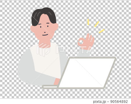 OKサインをするパソコン作業中の男性のイラスト OKサインをするパソコン作業中の男性のイラスト 90564892
