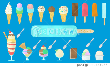 アイスクリームとパフェの水彩風アイコン セット 90564977