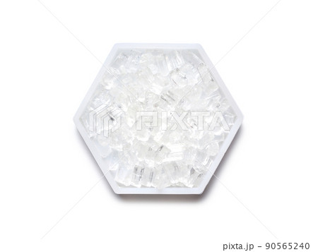 Sodium Thiosulfate in hexagonal molecular shaped container on white background. Top View Sodium Thiosulfate in hexagonal molecular shaped container on white background. Top View 90565240