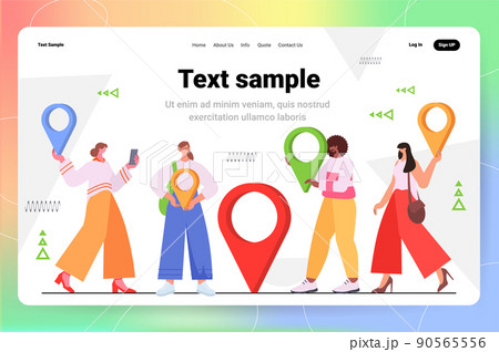 people using online navigation app on digital devices man woman exploring route with location pin GPS pointers 90565556