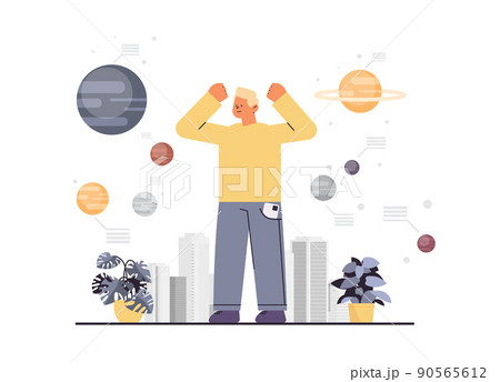 casual man looking on solar system exploration astronomy concept full length horizontal casual man looking on solar system exploration astronomy concept full length horizontal 90565612
