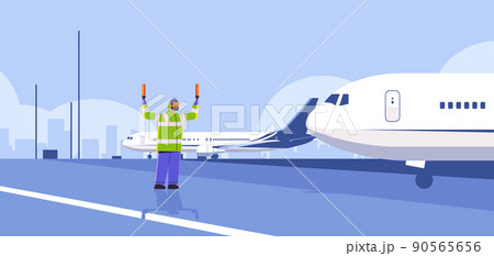 aviation marshaller supervisor near aircraft air traffic controller airline worker in signal vest professional airport staff 90565656