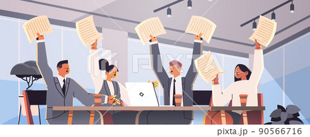 excited business people holding paper documents businesspeople sitting at office desk hold hands arms up 90566716