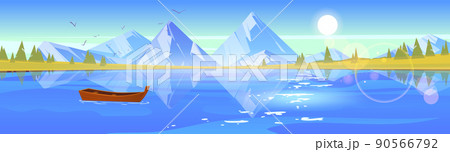 Landscape with lake with wooden boat, mountains 90566792