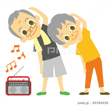 老夫婦　ラジオ体操　白背景 90566936