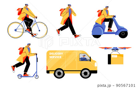 Delivery service worker on motorcycle, bike, truck Delivery service worker on motorcycle, bike, truck 90567101
