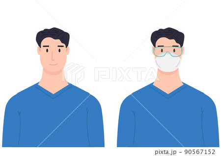 Illustration of medical worker with antivirus protection, medical masks and protective glasses. Design element for poster, label, sign, emblem, infographic. Vector illustration 90567152