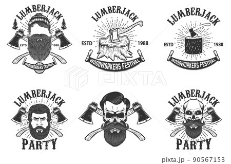 Set of lumberjack festival emblems. Lumberjack skull with crossed axes. Design element for poster, card, banner, logo, emblem, sign, badge. Vector illustration 90567153