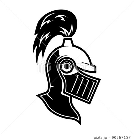 Illustration of knight helmet in engraving style. Design element for logo, label, emblem, sign. Vector illustration 90567157