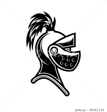 Illustration of knight helmet in engraving style. Design element for logo, label, emblem, sign. Vector illustration 90567159