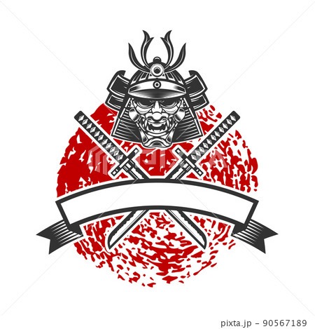 Emblem with samurai helmet and crossed katana swords. Design element for logo, label, sign, poster, t shirt. Vector illustration 90567189