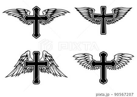 Set of illustrations of winged christian religious crosses. Design element for infographic, emblem, sign, poster, car, banner. Vector illustration 90567207