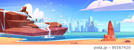 Waterfall on sea beach, city buildings on skyline Waterfall on sea beach, city buildings on skyline 90567420