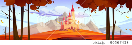 Fairy tale castle in mountain valley in autumn 90567433