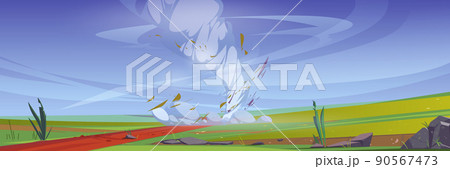 Tornado on fields with green grass and roadのイラスト素材 [90567473] - PIXTA
