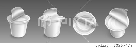 Plastic cup with open cap and yogurt inside set 90567475