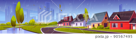 Suburb district with houses in rain 90567495