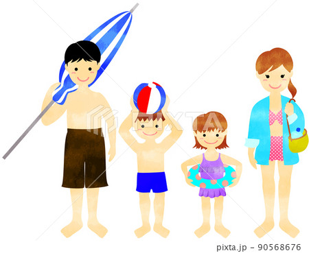 テクスチャ付き海水浴へ出かける家族のイラストのイラスト素材