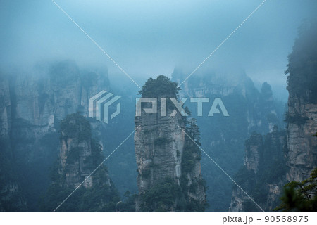 Amazing landscape of mountain and forest in the foggy at Wulingyuan, Hunan, China. Wulingyuan Scenic and Historic Interest Area which was designated a UNESCO World Heritage Site in China 90568975