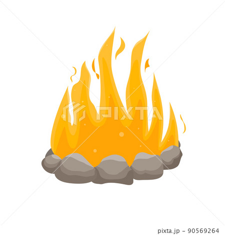 Tourist campfire. Outdoor bonfire and camping stone fireplace. Burning fire travel and adventure symbol. A tourist bonfire in the stone border. Flat vector illustration. Tourist campfire. Outdoor bonfire and camping stone fireplace. Burning fire travel and adventure symbol. A tourist bonfire in the stone border. Flat vector illustration. 90569264