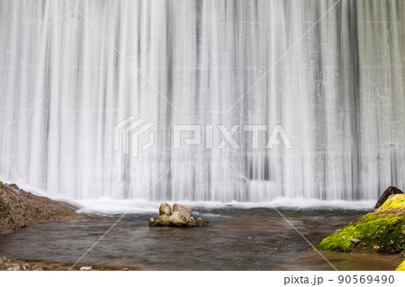 清流に流れる初夏の青紅葉が美しい新緑と滝の風景 清流に流れる初夏の青紅葉が美しい新緑と滝の風景 90569490