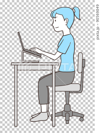 Women doing desk work in the right posture, laptop operation, sideways, simple colors Women doing desk work in the right posture, laptop operation, sideways, simple colors 90569849