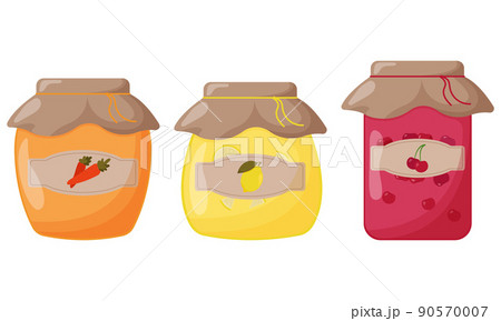 Glass jars of jam made of lemon, carrot and cherry with a closed lid. Cute vector illustration 90570007